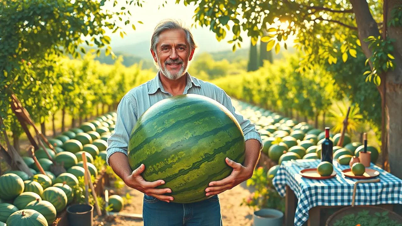 Un hombre español orgulloso presenta una sandía