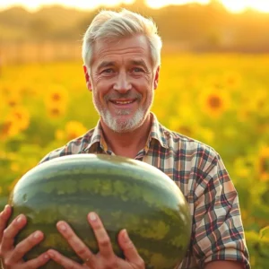 Un hombre español sonríe con una sandía en campo
