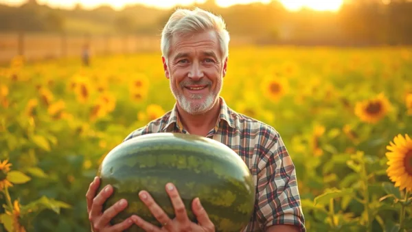 Sandía Gigante Cáceres: Récord en Concurso Hortofrutícola 2025 110 Un hombre español sonríe con una sandía en campo