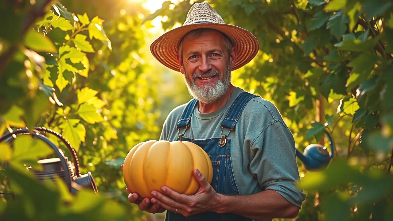 Un hombre español amable sostiene calabaza en la huerta