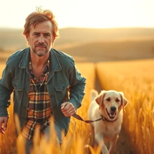 Un hombre español amable pasea su perro en la luz dorada