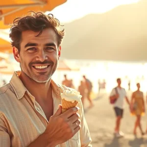 Un hombre sonriente disfruta gelato en Sicilia