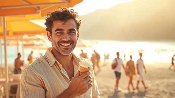 Un hombre sonriente disfruta gelato en Sicilia