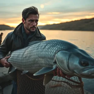 Un hombre robusto captura un pez gigante al atardecer