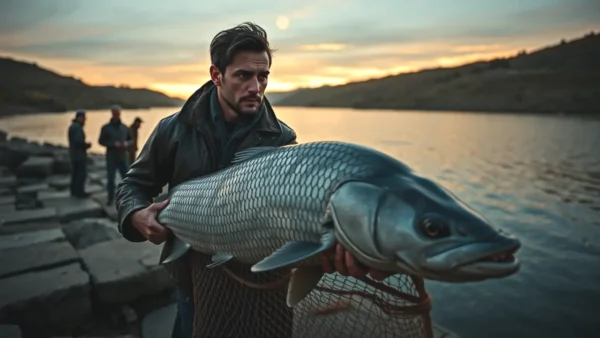 Un hombre robusto captura un pez gigante al atardecer