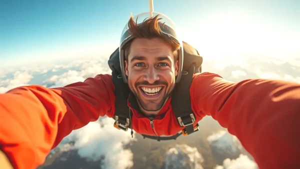 Un hombre atlético salta en paracaídas en España