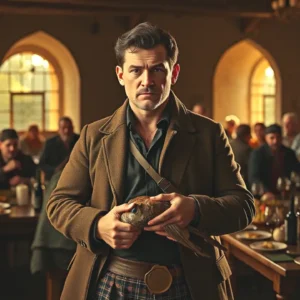 Un cazador serio sostiene un faisán en un interior rústico