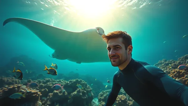 Un hombre observa un rayo en el arrecife