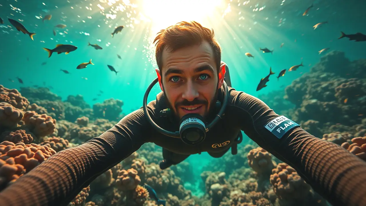 Un buceador explora coral con asombro y luz cálida