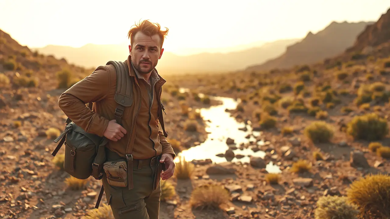 Un hombre robusto explora el desierto con urgencia
