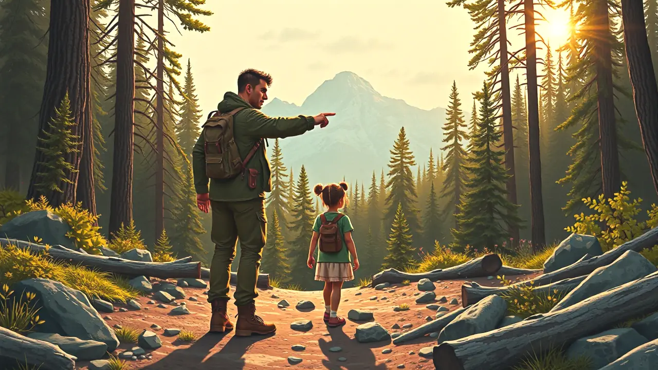 Un hombre ayuda a una niña en la montaña