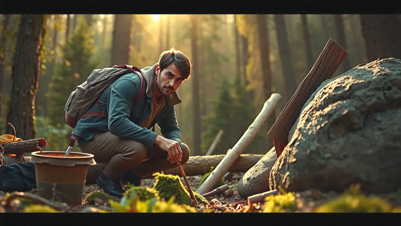 Un hombre construye refugio en bosque