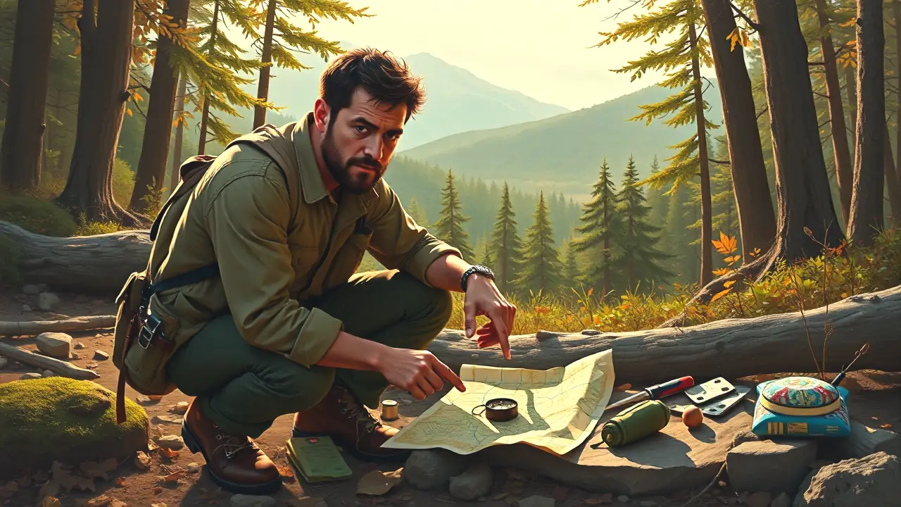 Un hombre español examina el mapa en bosque