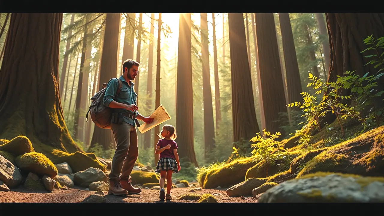 Un hombre ayuda a una niña en bosque