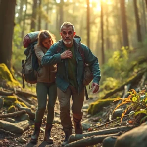Un hombre ayuda a una mujer en el bosque