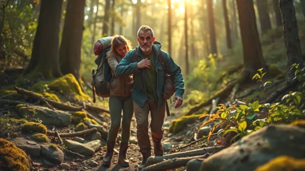 Un hombre ayuda a una mujer en el bosque