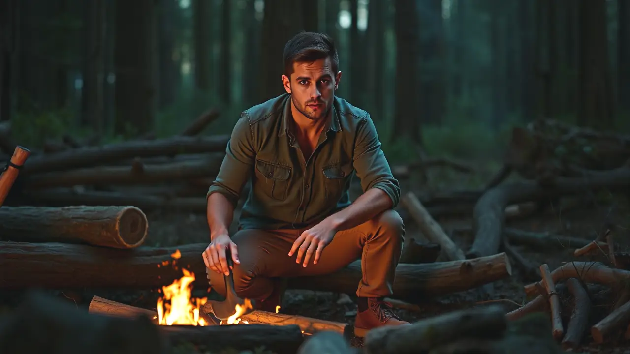 Un hombre resistente observa el fuego en la selva