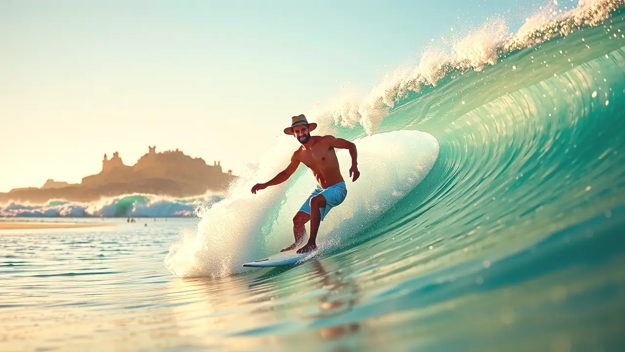 Surfista en ola, luz dorada y libertad