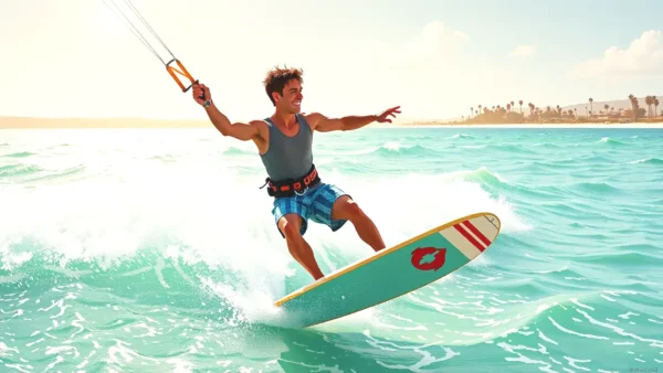 Un joven surfero disfruta el kitesurf en la playa
