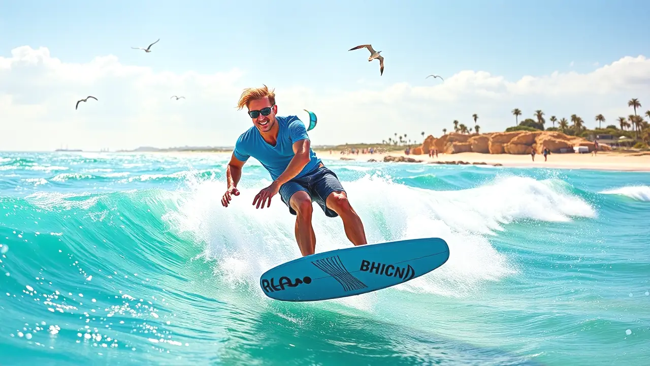 Un hombre joven surfeando en la playa tropical