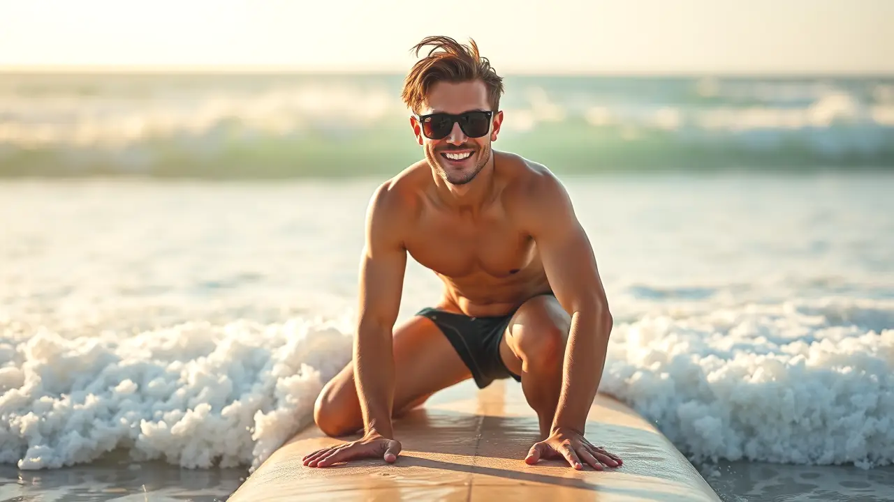 Surfista en la playa, luz dorada y confianza