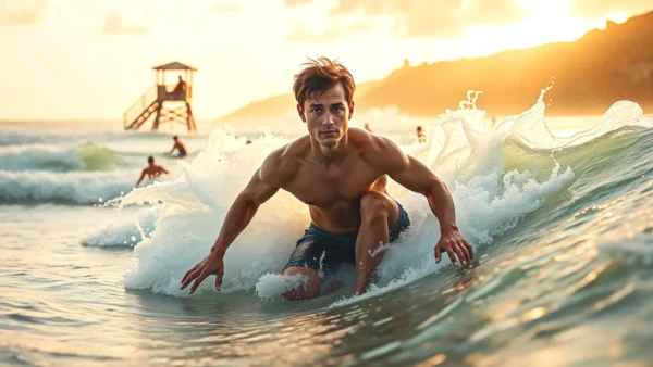 Un surfista captura la luz dorada en la playa