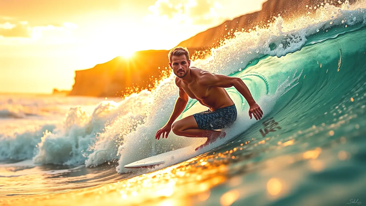 Surfista en la costa vasca captura luz dorada