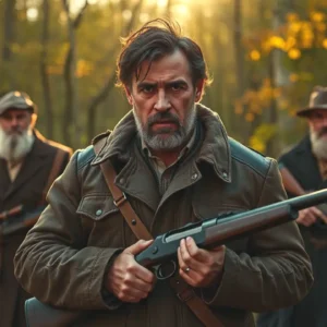 Un hombre serio caza en bosque otoñal