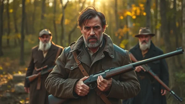 Un hombre serio caza en bosque otoñal