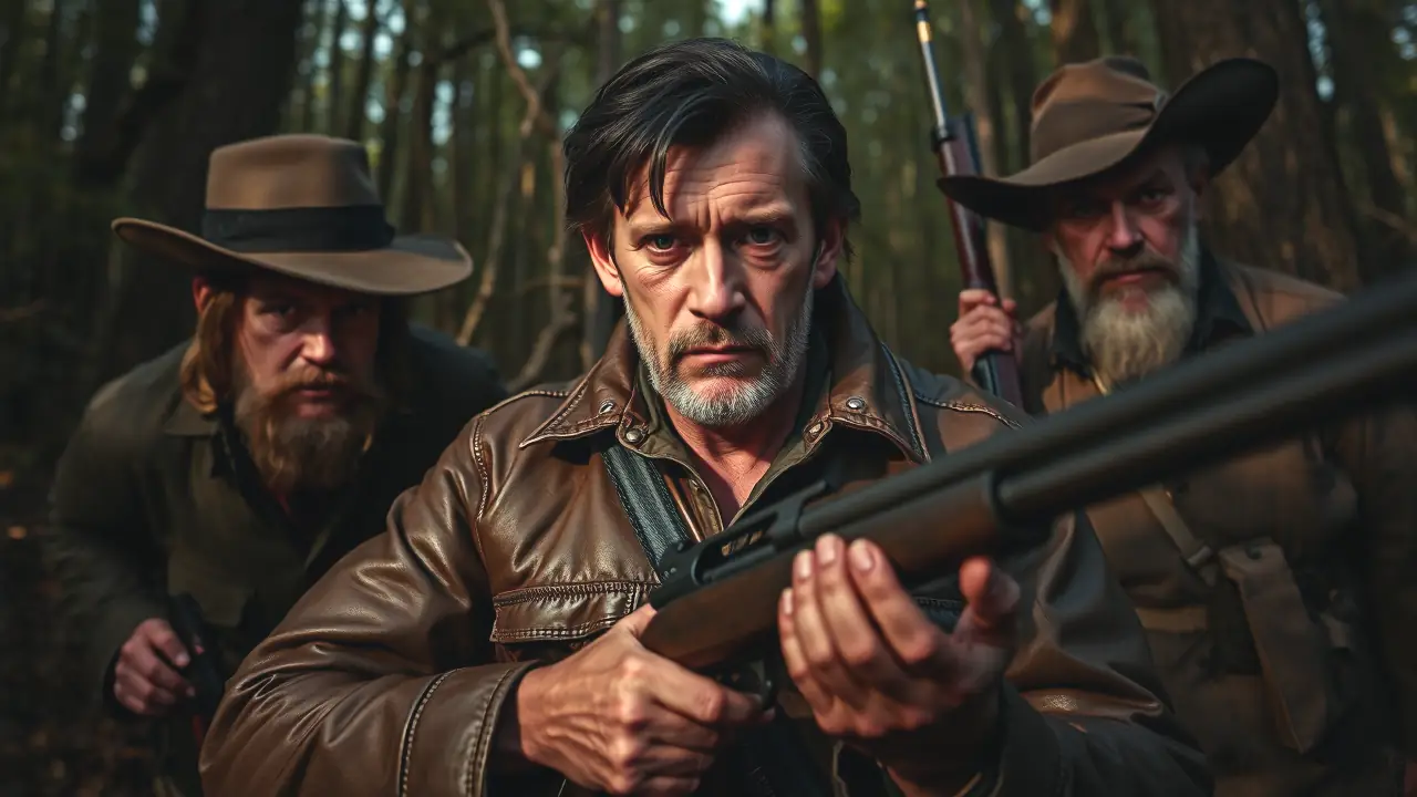 Un hombre serio porta rifle en bosque oscuro