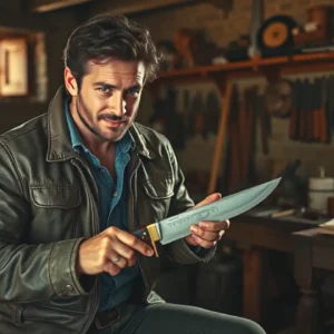 Un artesano español examina su cuchillo en un taller rústico