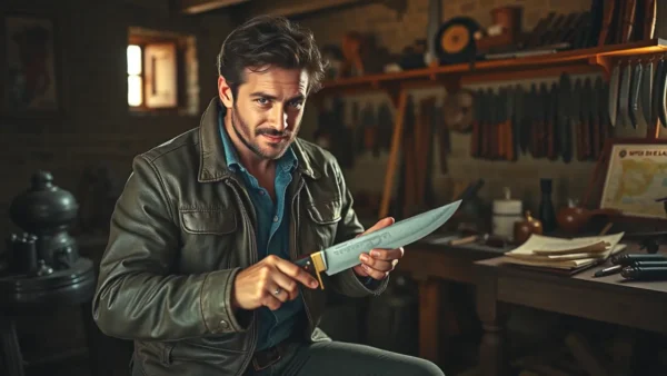 Un artesano español examina su cuchillo en un taller rústico