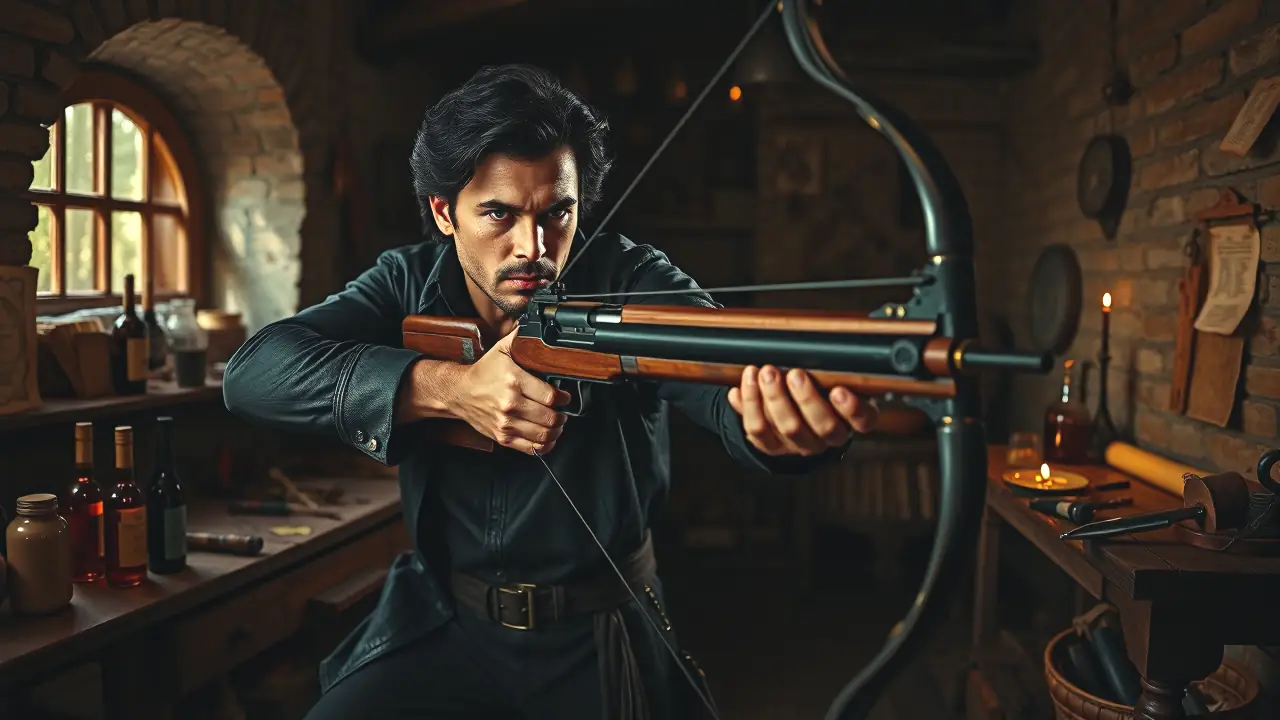 Un hombre español realista apunta con arco