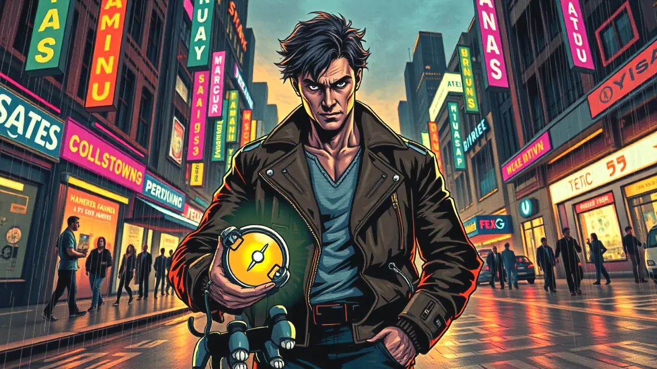 Un hombre serio con brújula robótica en ciudad futurista