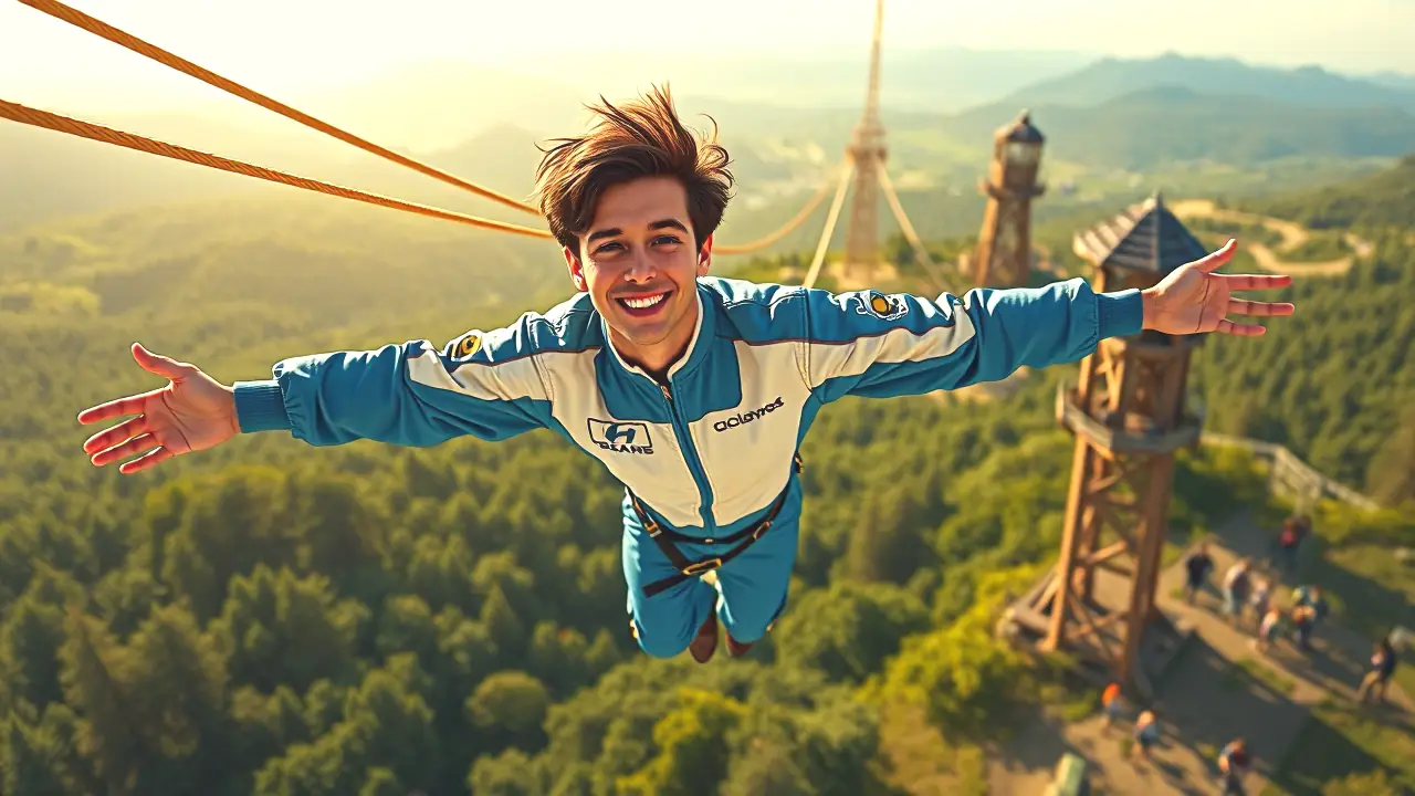 Un joven atlético vuela felizmente en tirolina
