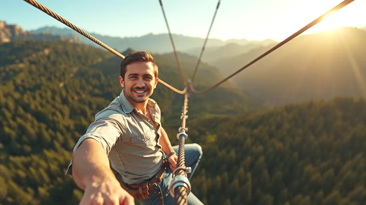 Un hombre atlético disfruta una aventura zipline en la montaña