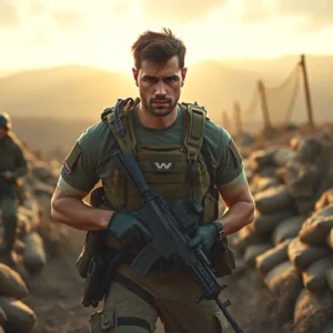 Soldado español en entrenamiento realista y dramático