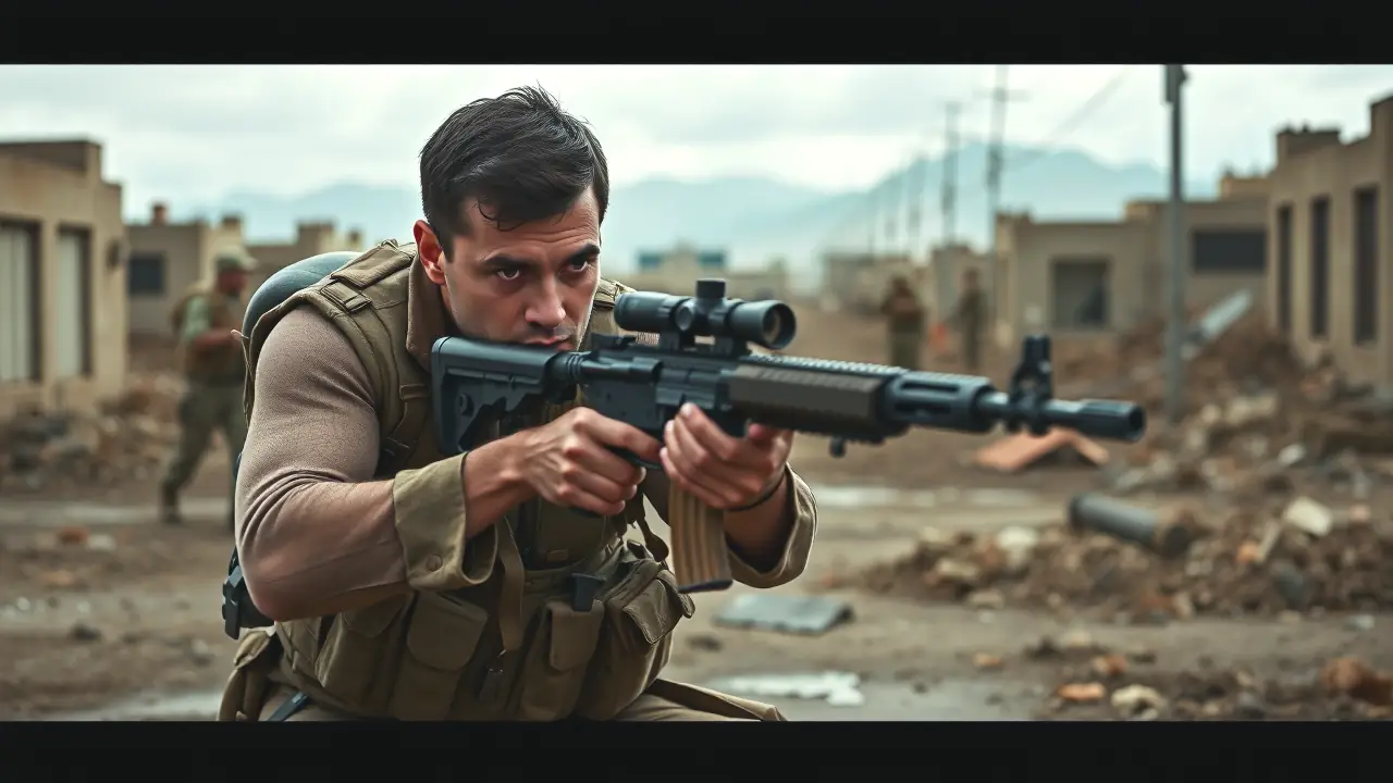 Soldado en conflicto, paisaje devastado y precisión letal