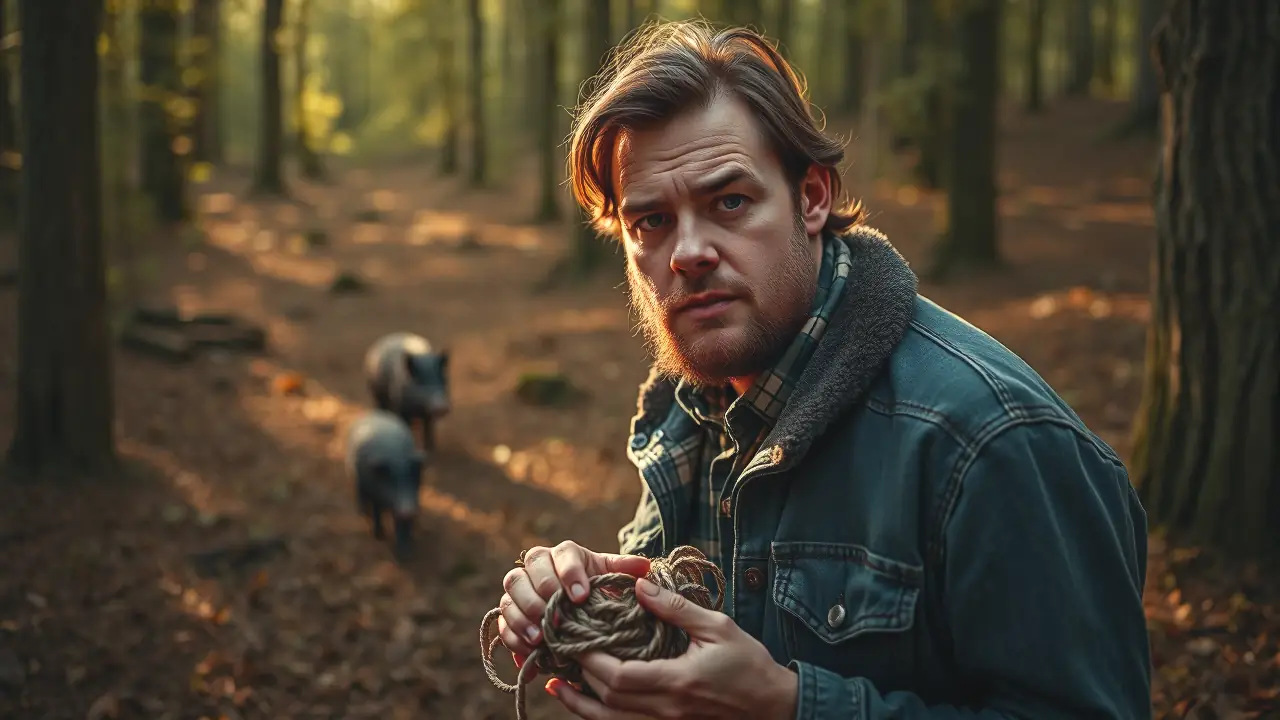 Un hombre serio captura un jabalí en bosque