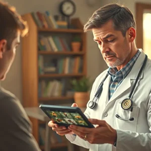 Un médico serio examina un perro con Leishmania