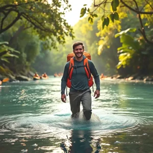 Un hombre atlético vadea río en la naturaleza