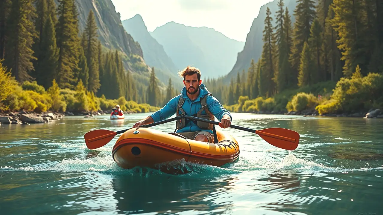 Un hombre atlético reme vigorosamente en un río sereno