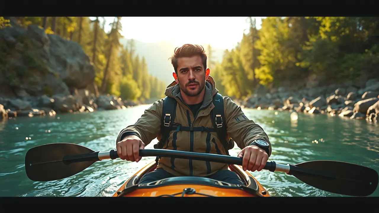 Un hombre atlético remando en kayak tranquilo
