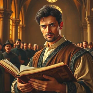 Un hombre serio sostiene un manuscrito en catedral