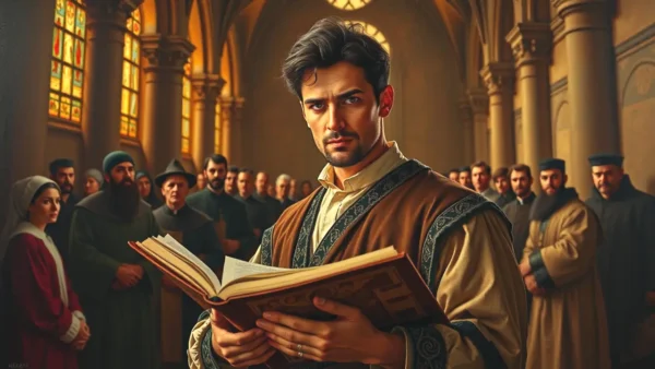 Un hombre serio sostiene un manuscrito en catedral