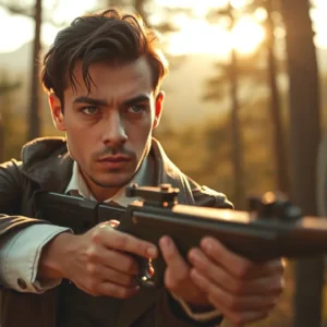 Un hombre serio dispara en bosque dorado