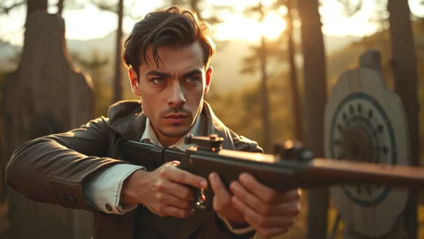 Un hombre serio dispara en bosque dorado