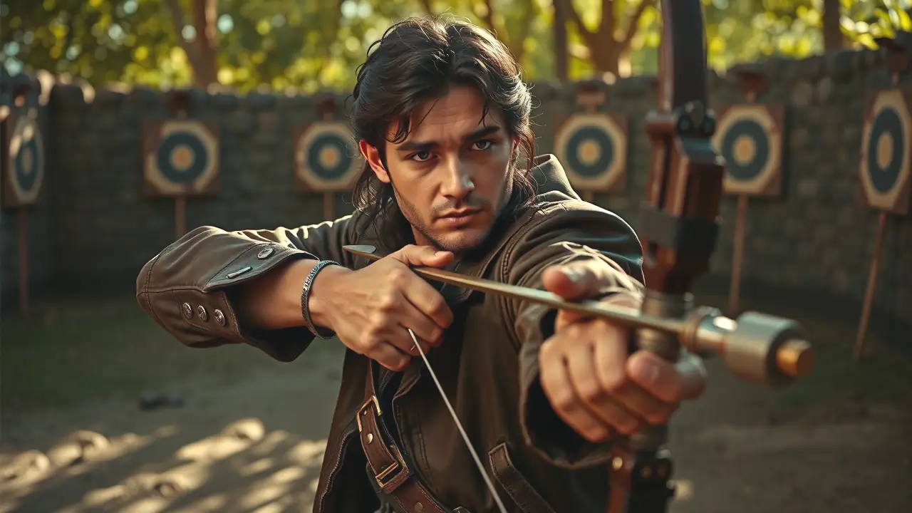 Un hombre español intenso dispara con arco