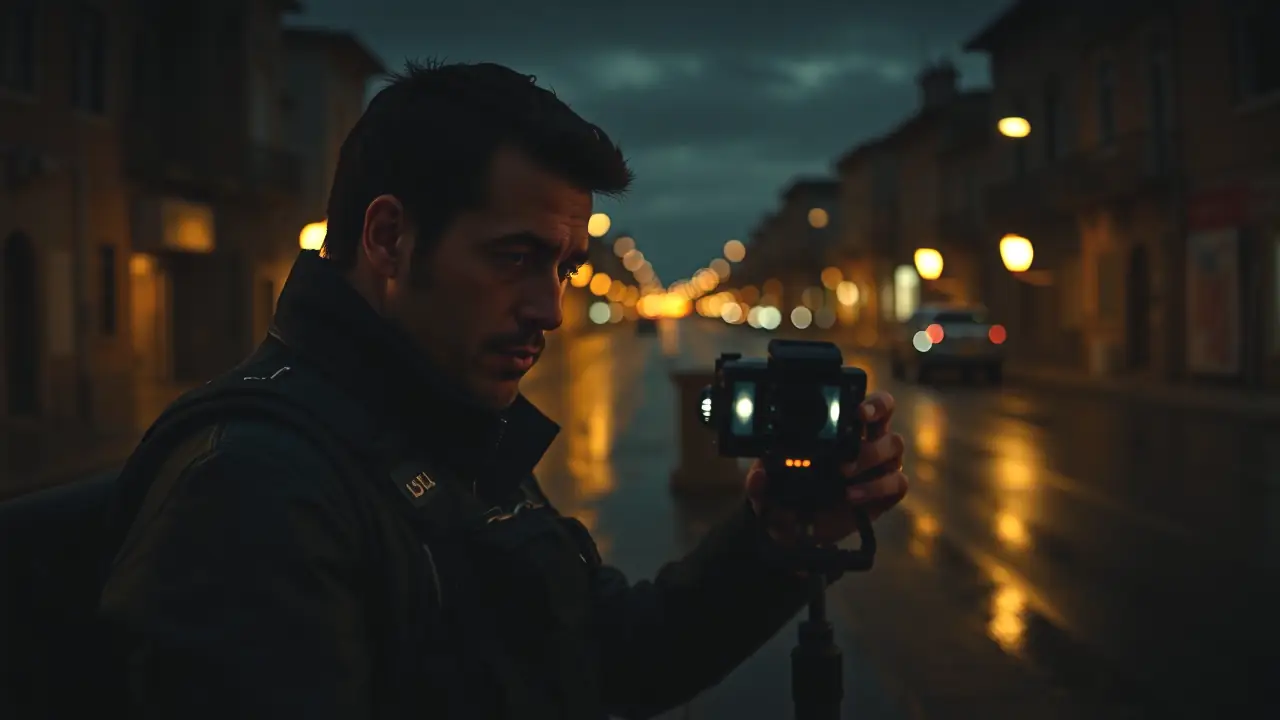 Un hombre observa la ciudad nocturna con tecnología