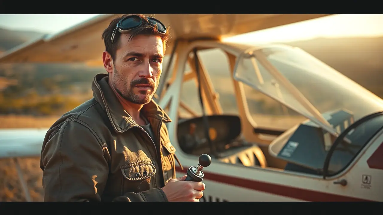 Un hombre español confiado sostiene un joystick junto a un avión